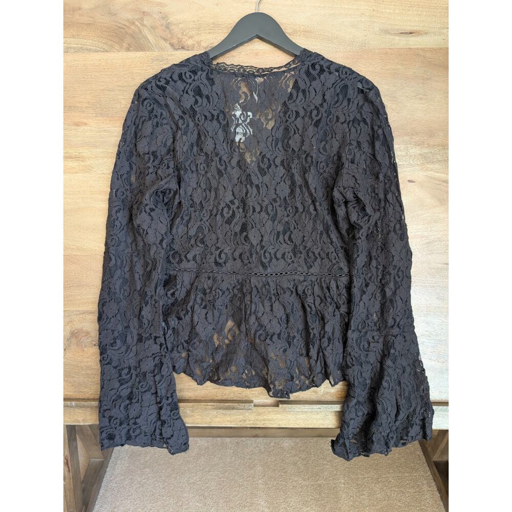 Free People Lace Blouse Top Womens Large Black Flare Sleeve Button Front NWT - Picture 2 of 4